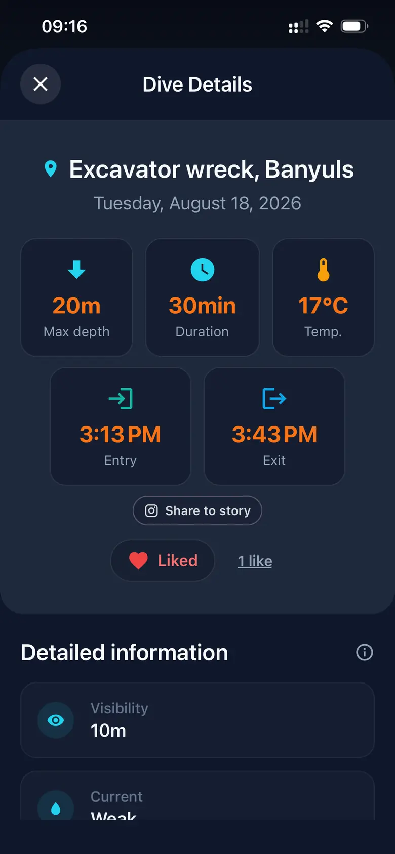 Bitácora de inmersiones — Captura de la app Divex