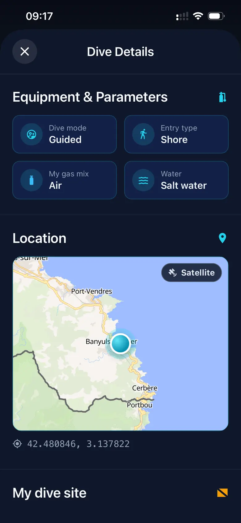 Mapas y puntos de buceo — Captura de la app Divex