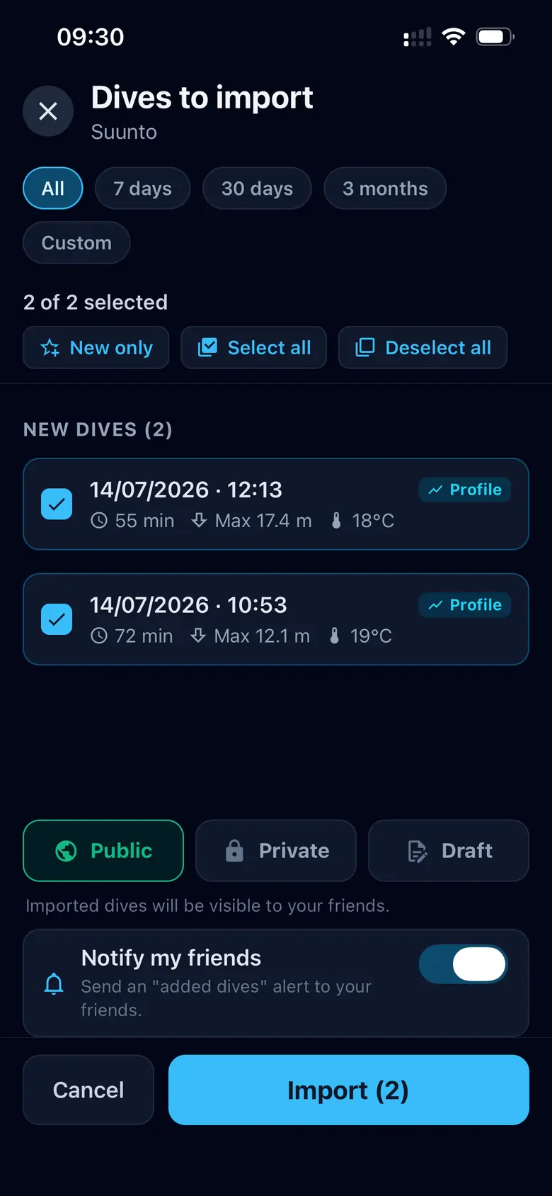 Importación de ordenadores de buceo — Captura de la app Divex