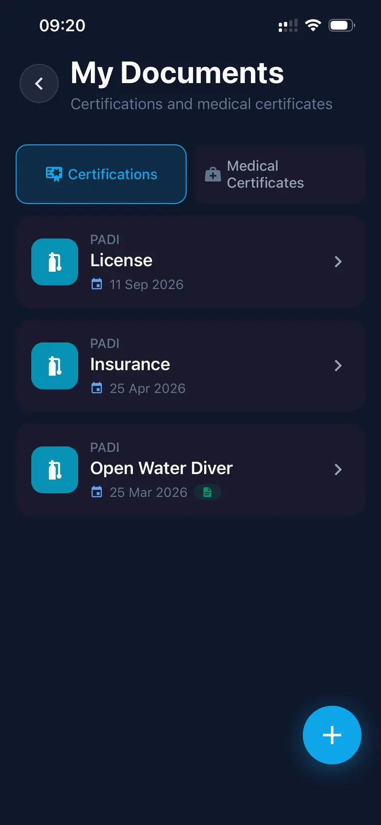 Certificaciones — Captura de la app Divex