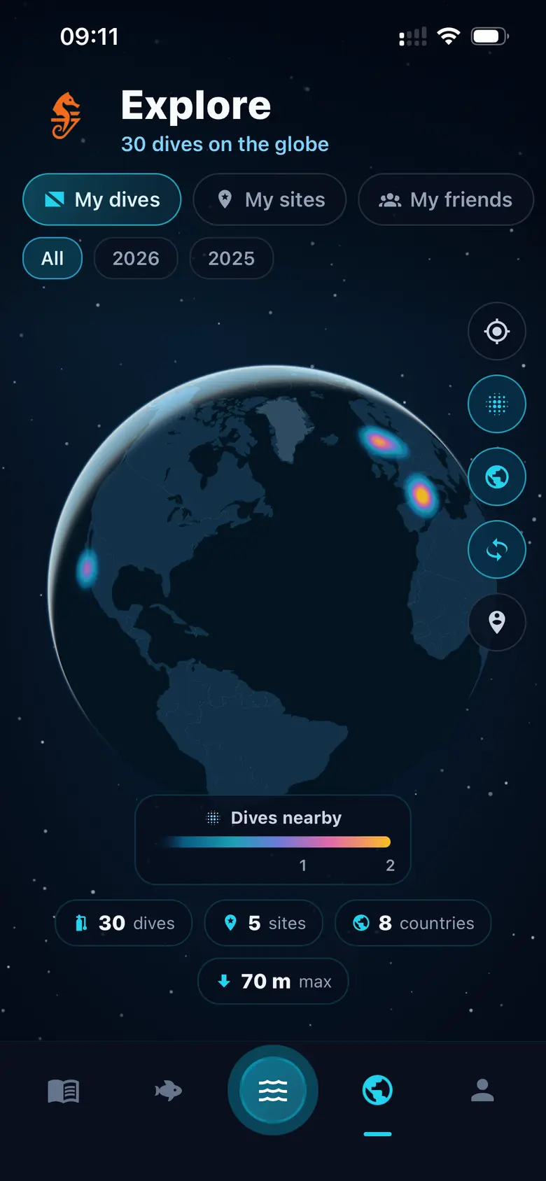 Globo 3D de Divex mostrando todas las inmersiones registradas