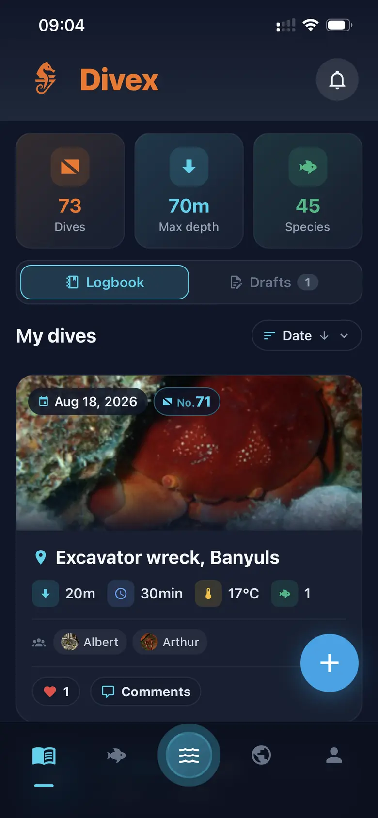 Pantalla de inicio de la app Divex con la bitácora de inmersiones