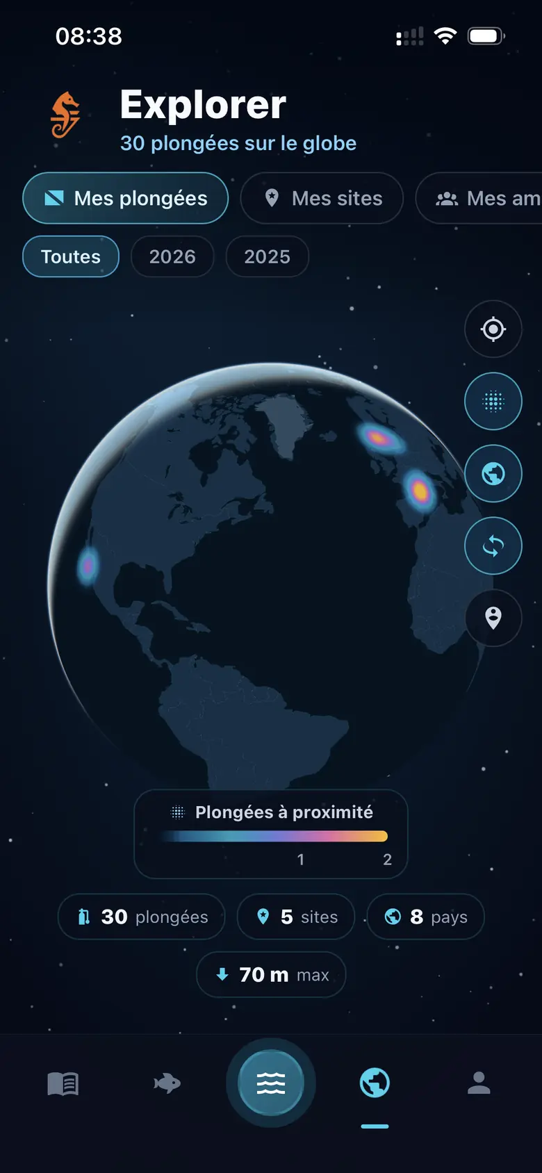 Globe 3D Divex affichant toutes les plongées enregistrées