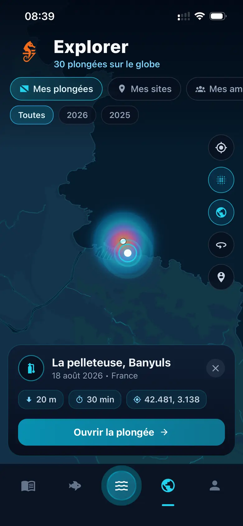 Fiche d'une plongée d'un ami ouverte depuis le globe 3D
