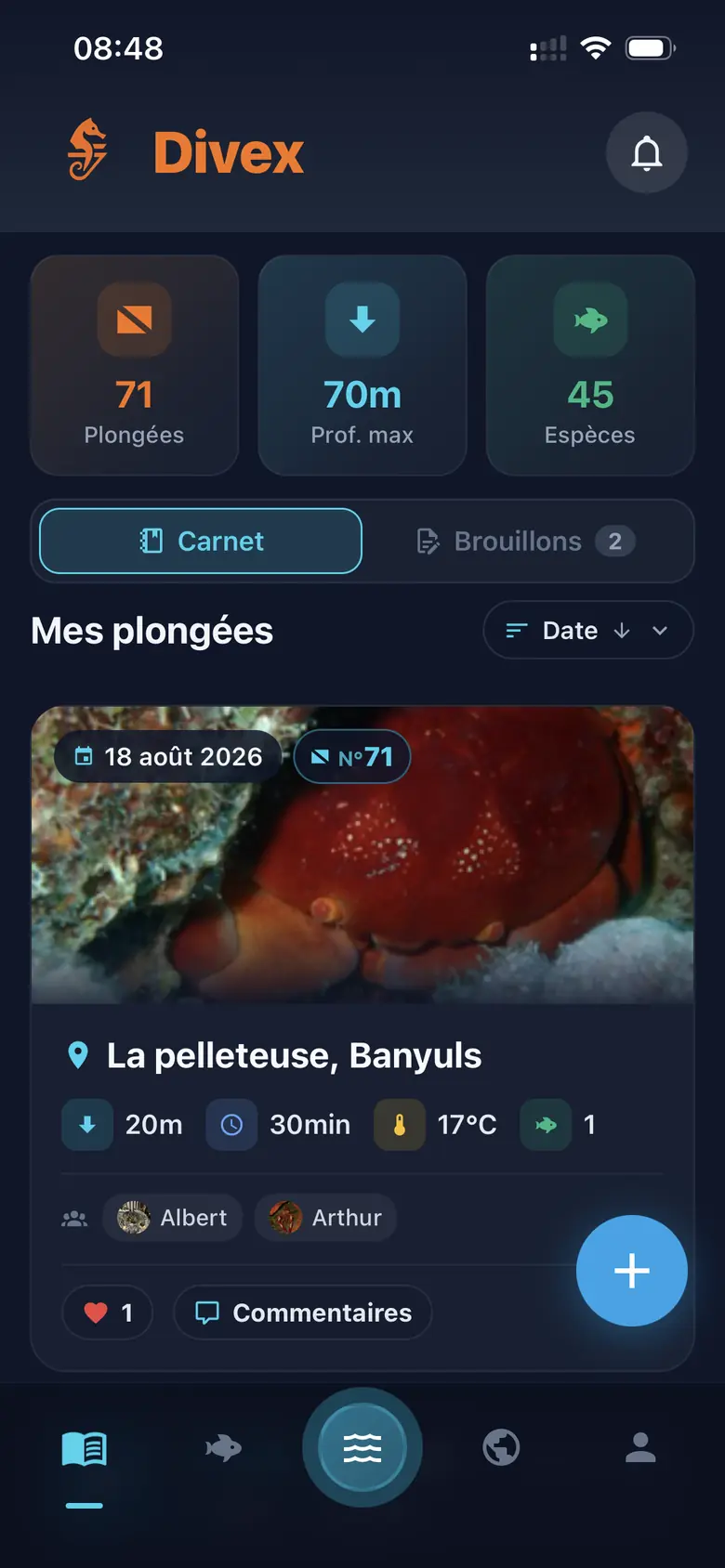 Écran d'accueil de l'application Divex avec le carnet de plongées